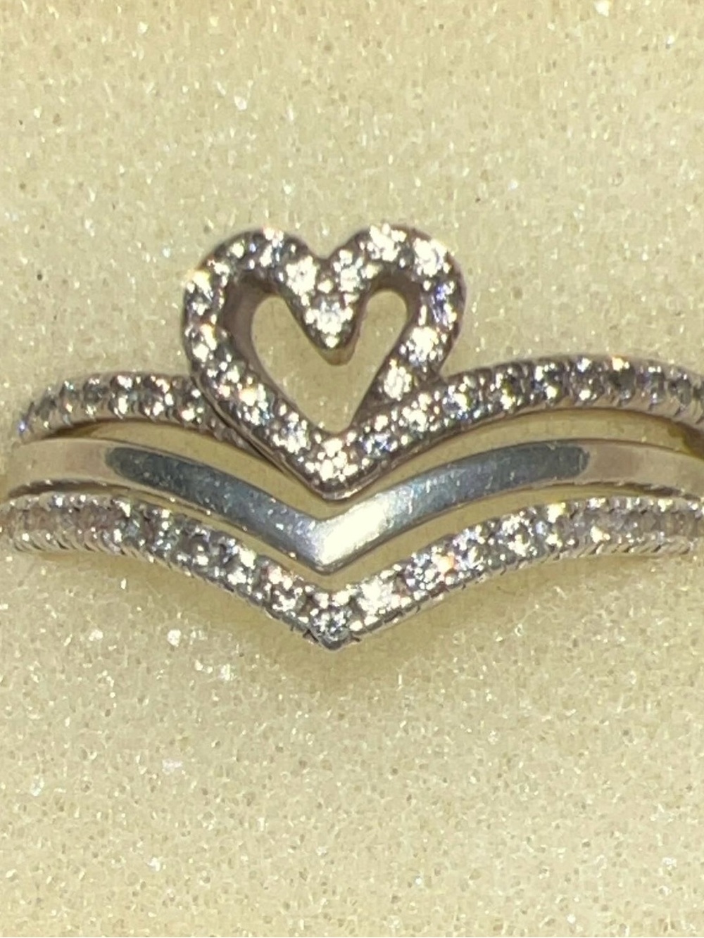 Pandora Silver Heart and Chevron Stackable Ring Trio